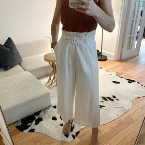 White and beige stripped paper bag belted wide leg pants size small